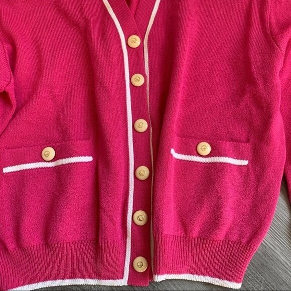 St. John Pink Cardigan Sweater Women’s M Gold Buttons Contrast Trim Preppy - Picture 2 of 10